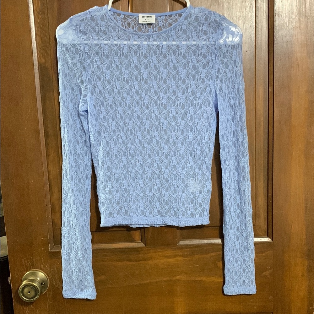 Cotton On Blue Ribbed Long Sleeve Fitted Blouse